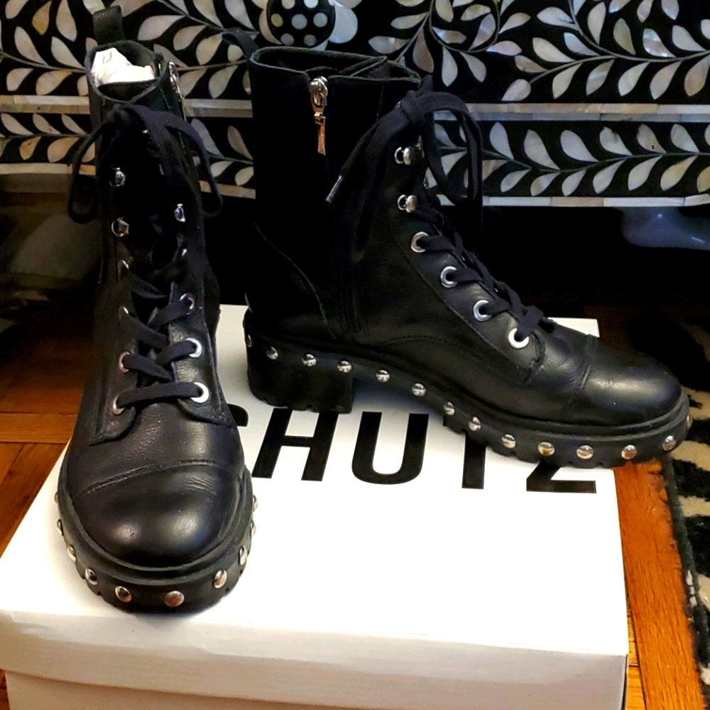 Schutz Black Leather Waterproof Studded Boots - 8B